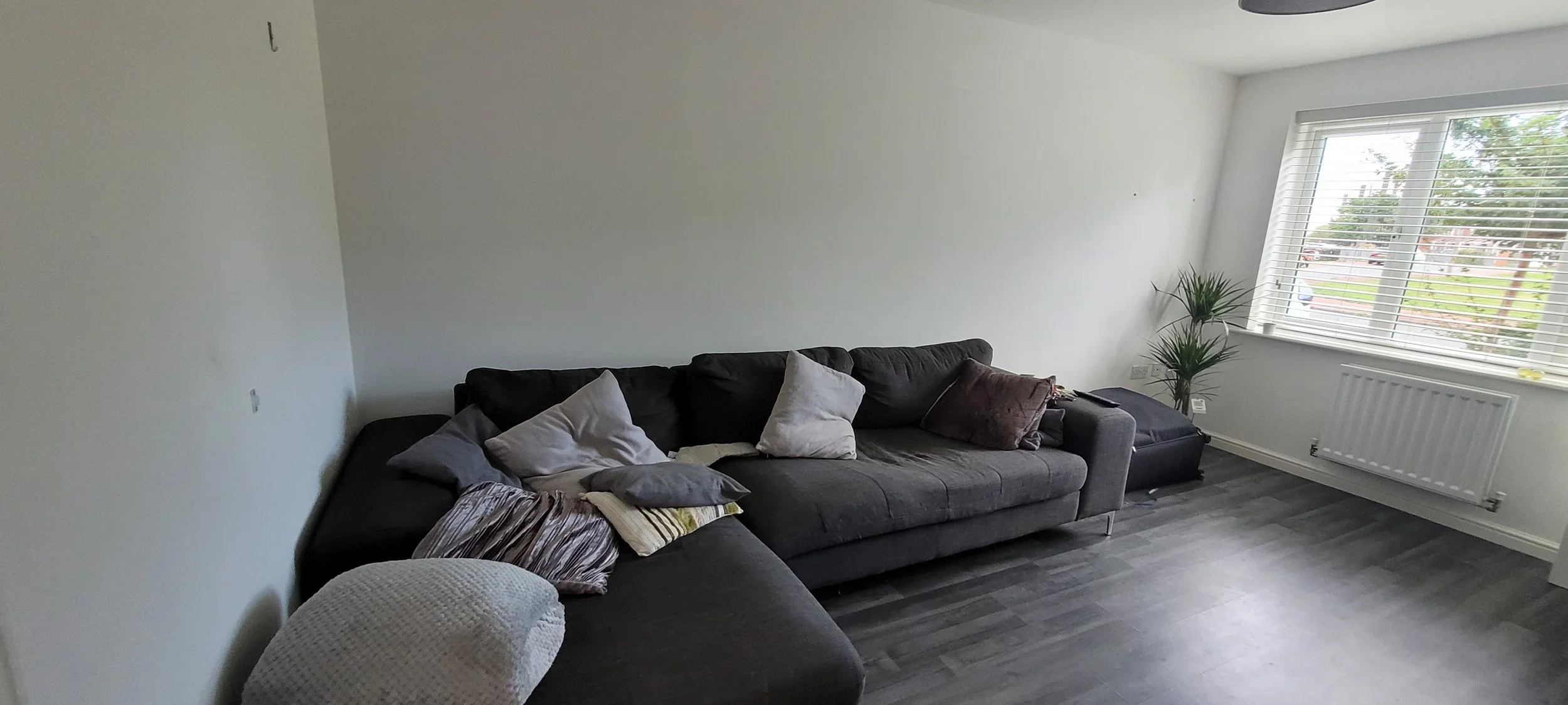 Living room with a dark gray sectional sofa with multiple pillows, a large window with blinds, a potted plant, and a radiator under the window.