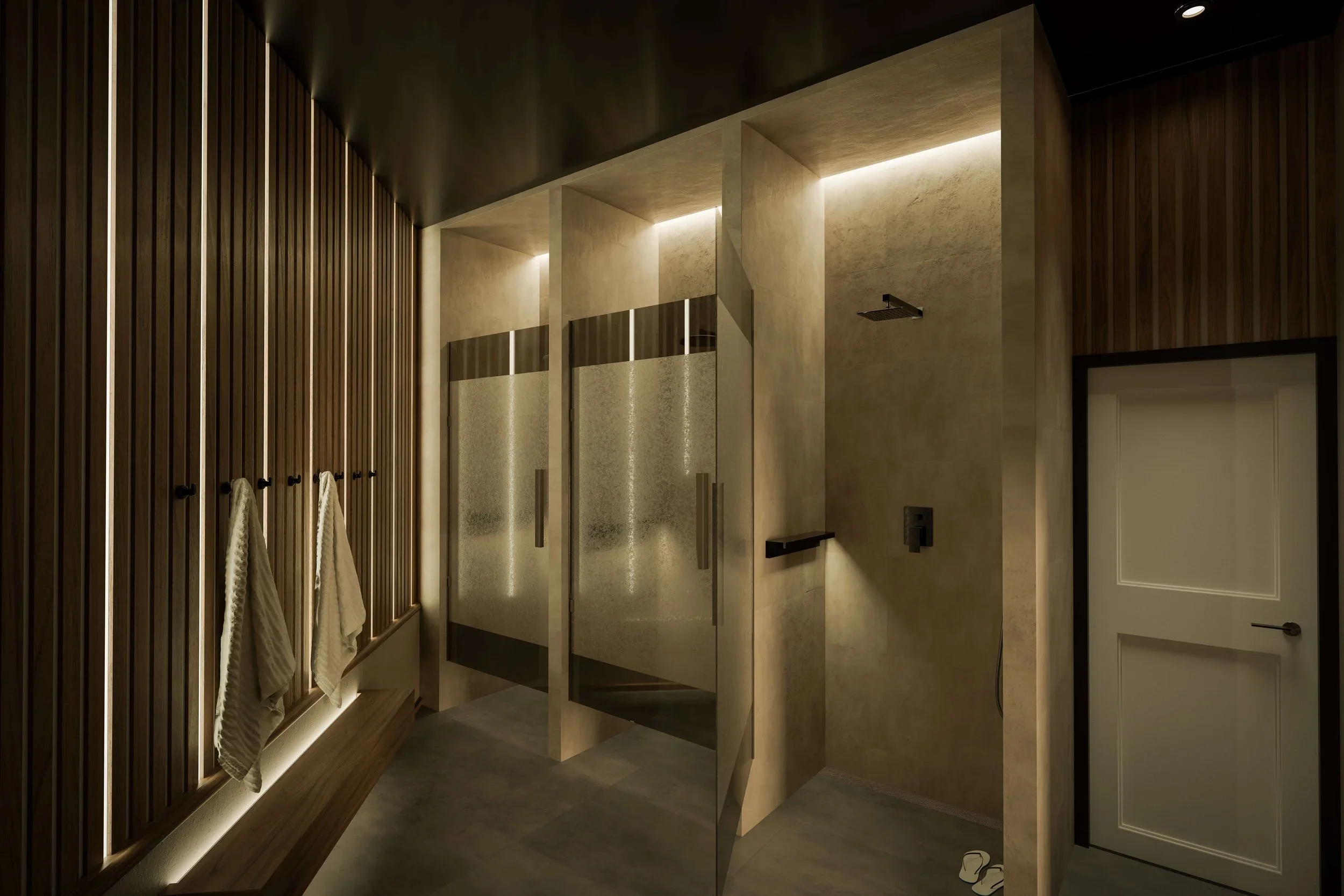 Interior view of a modern training club lounge with a large TV screen, a row of chairs, a small table, and a coffee machine area, decorated with wood accents and natural light.