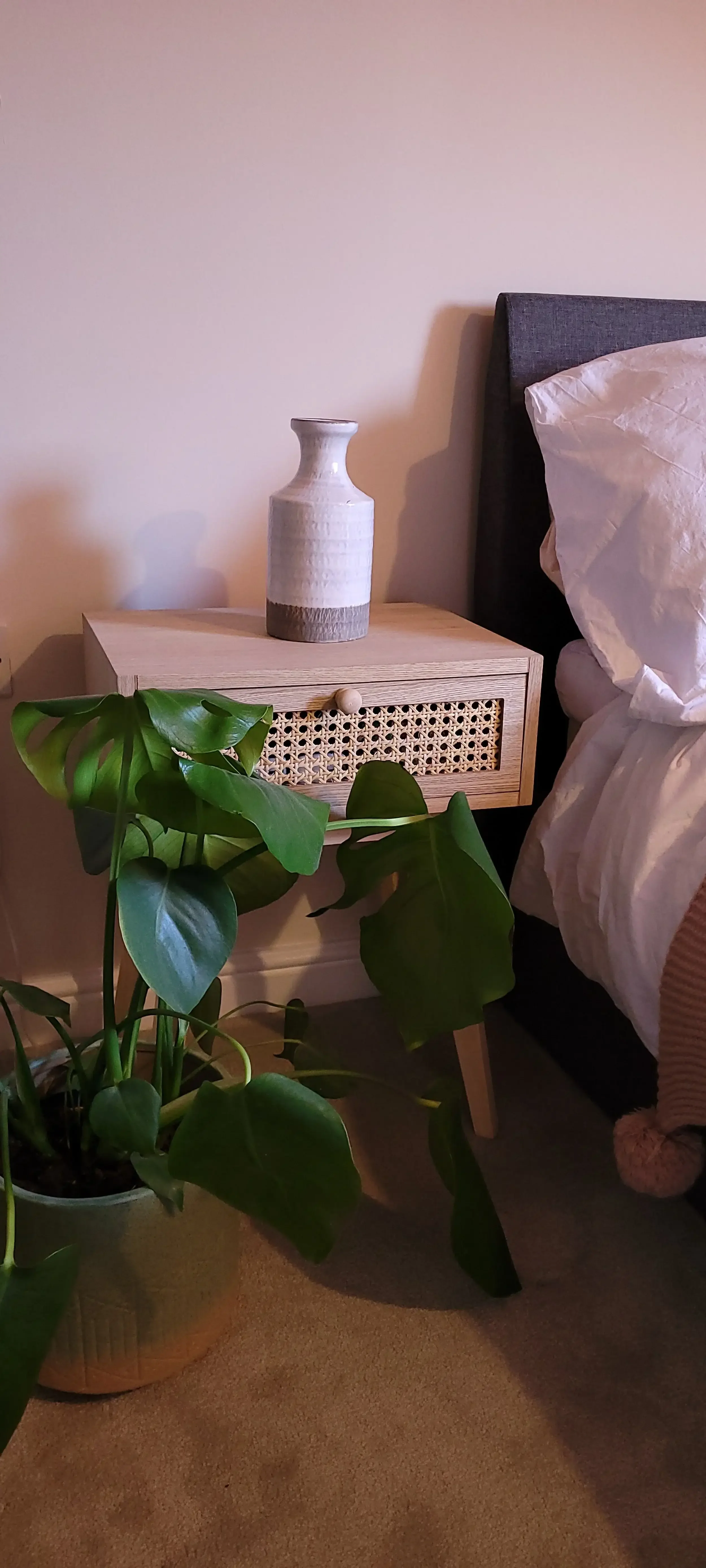 A bedside table with led lighting, a ceramic vase, a lush green plant, and a bed with white bedding.