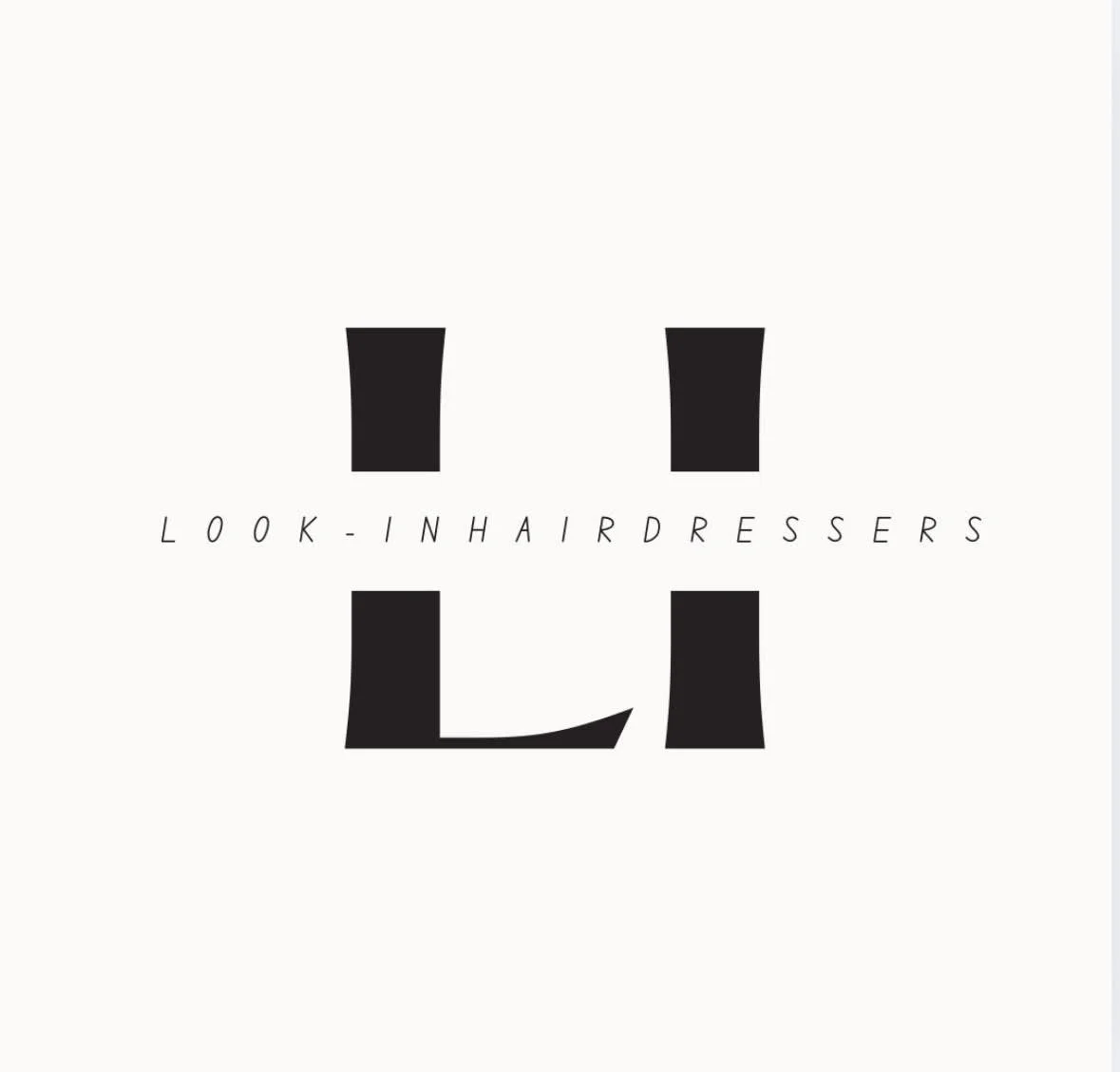 Minimalist logo with four black shapes resembling a stylized face, with text 'LOOK - IN HAIR DRESSERS' in lowercase, thin font.