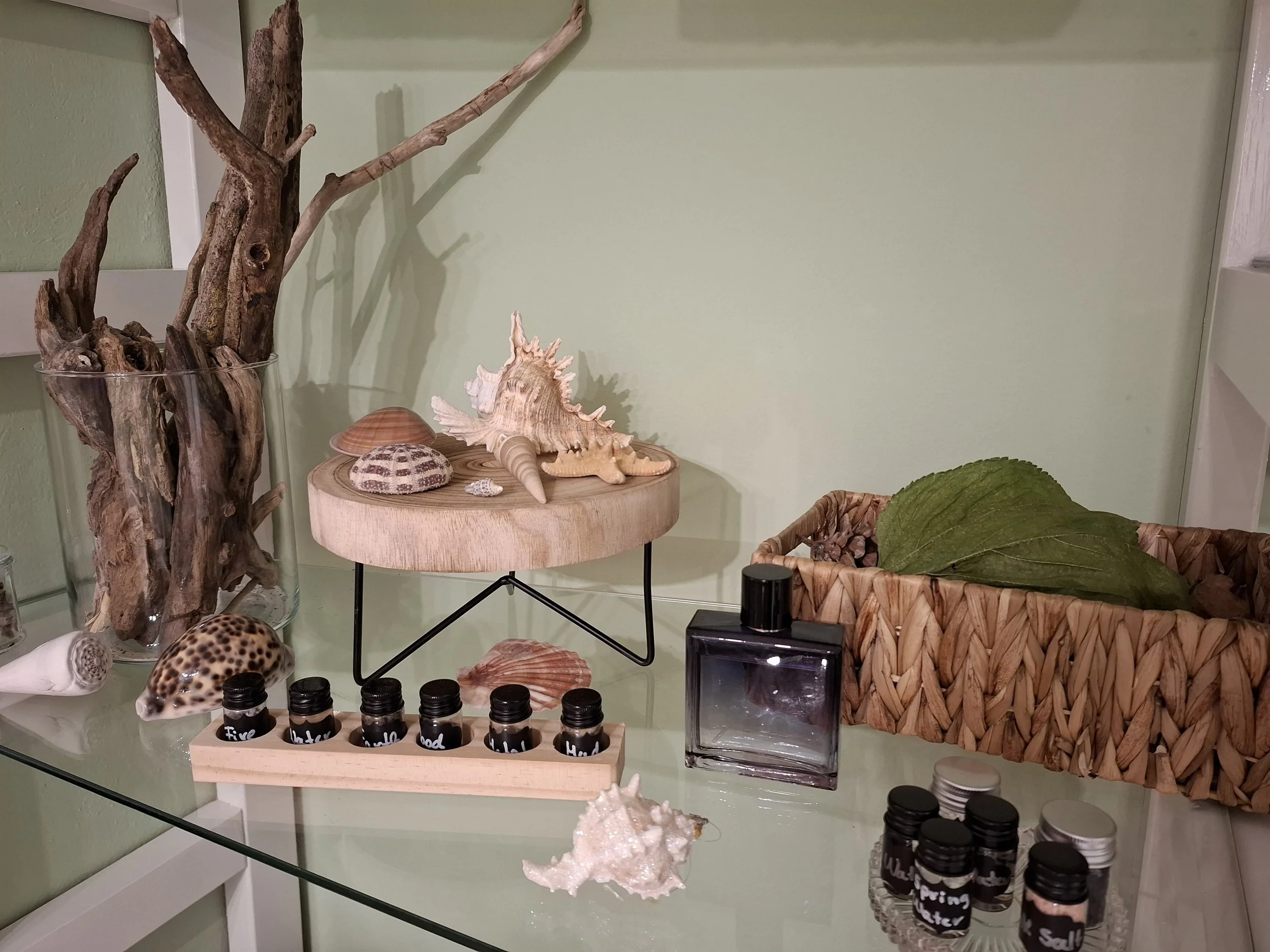 A collection of seashells, driftwood, and small bottles with handwritten labels on a glass table, with a basket containing leaves, and a green wall in the background.