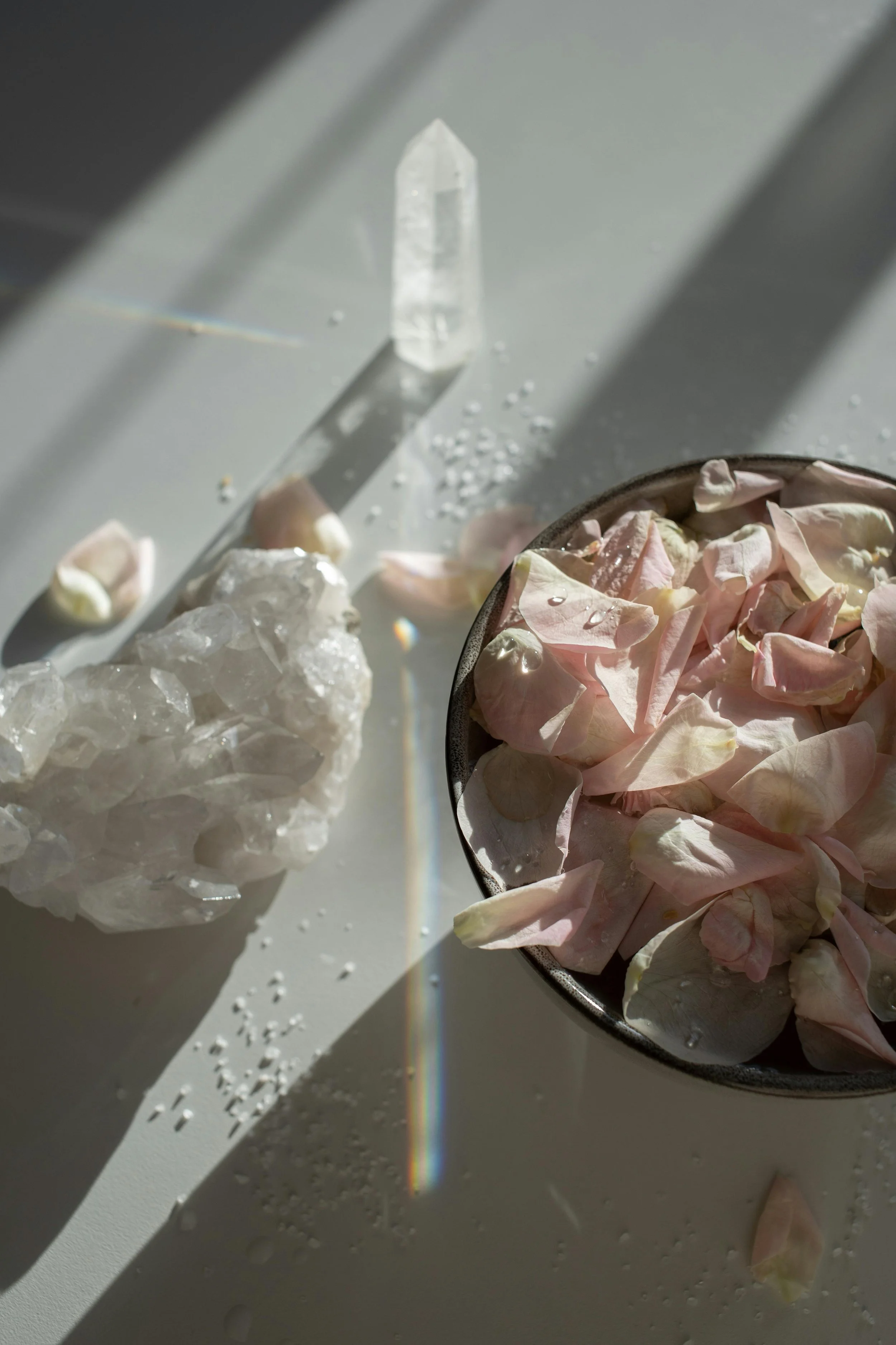 A crystal with light casting a rainbow shadow, a bowl filled with pink and white flower petals, some scattered flower petals, a few water droplets, and another smaller rock.