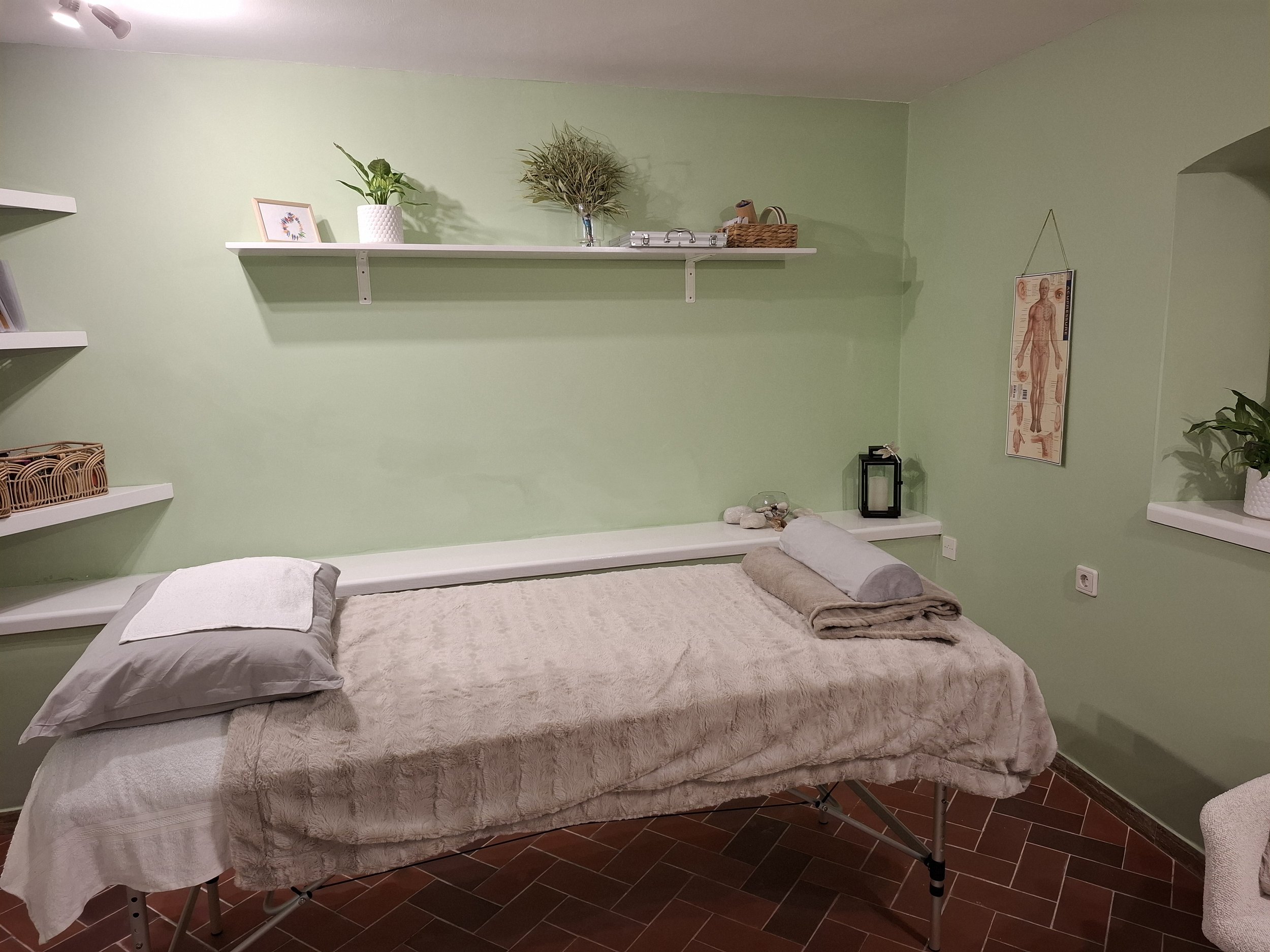 A massage or therapy table in a room with light green walls, decorated with shelves holding plants and decorative items, and a poster of the human anatomy on the wall.
