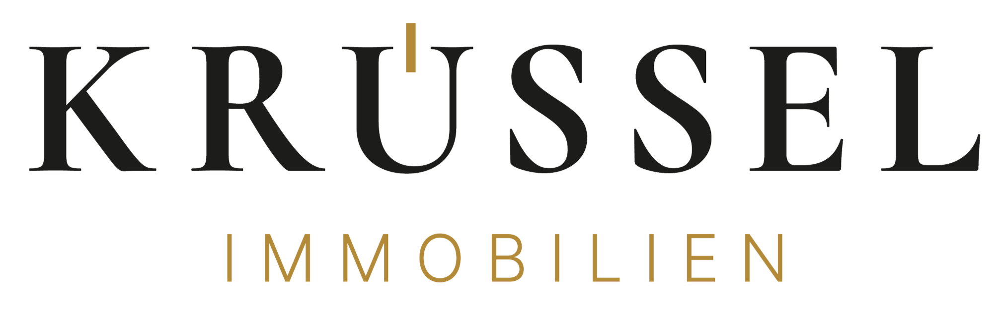 Logo von Krüssel Immobilien mit schwarzer Schrift und goldenen Akzenten.