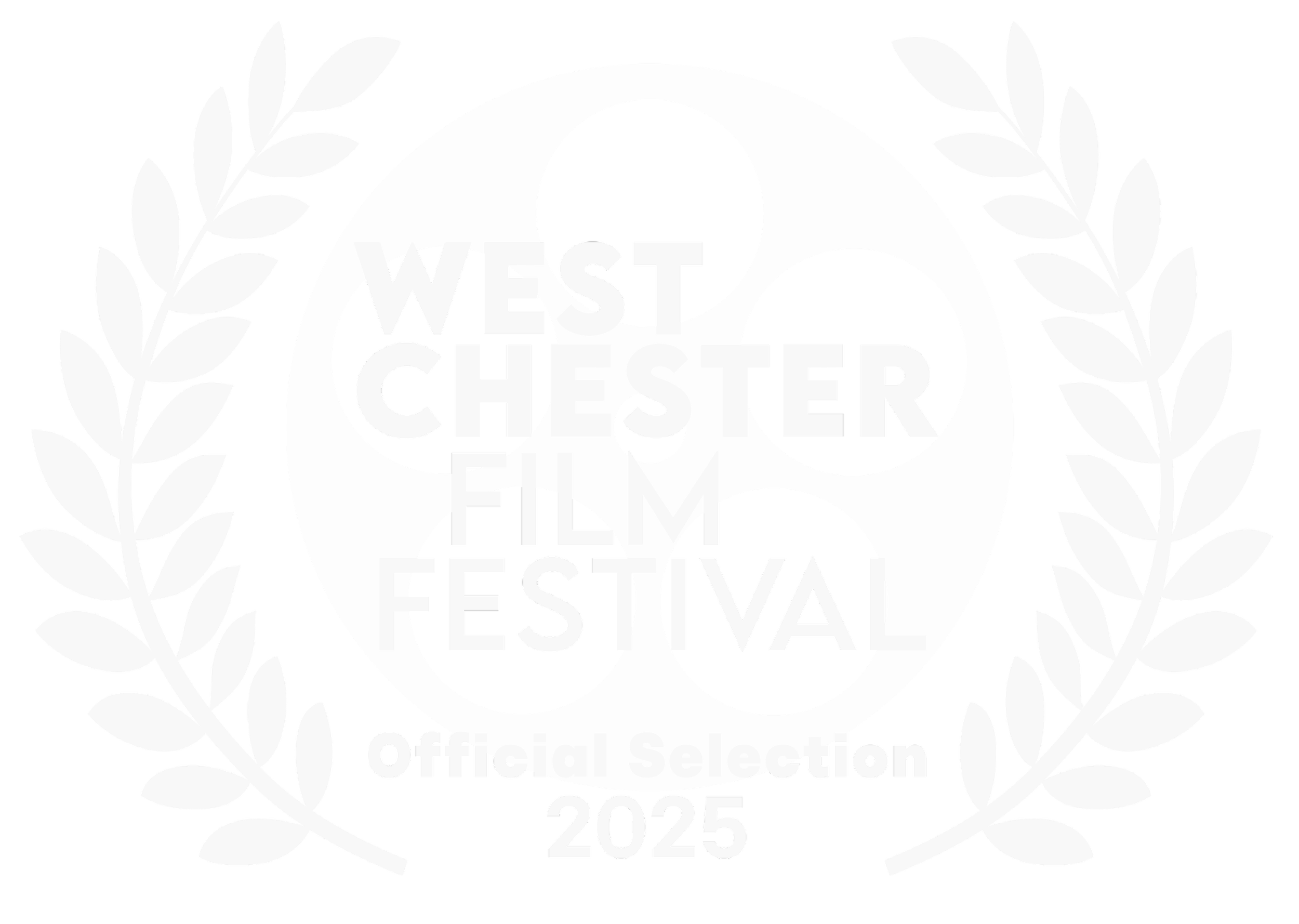 Black and white logo for the West Chester Film Festival 2025, featuring a film reel encircled by laurel branches, with text indicating it's an official selection.