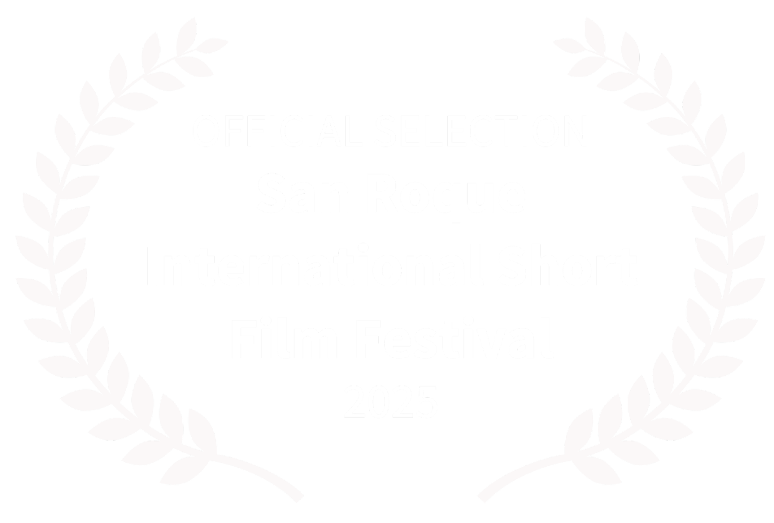 Award badge with laurel wreath design, white text on black background stating: 'Official Selection San Roque International Short Film Festival 2025'.