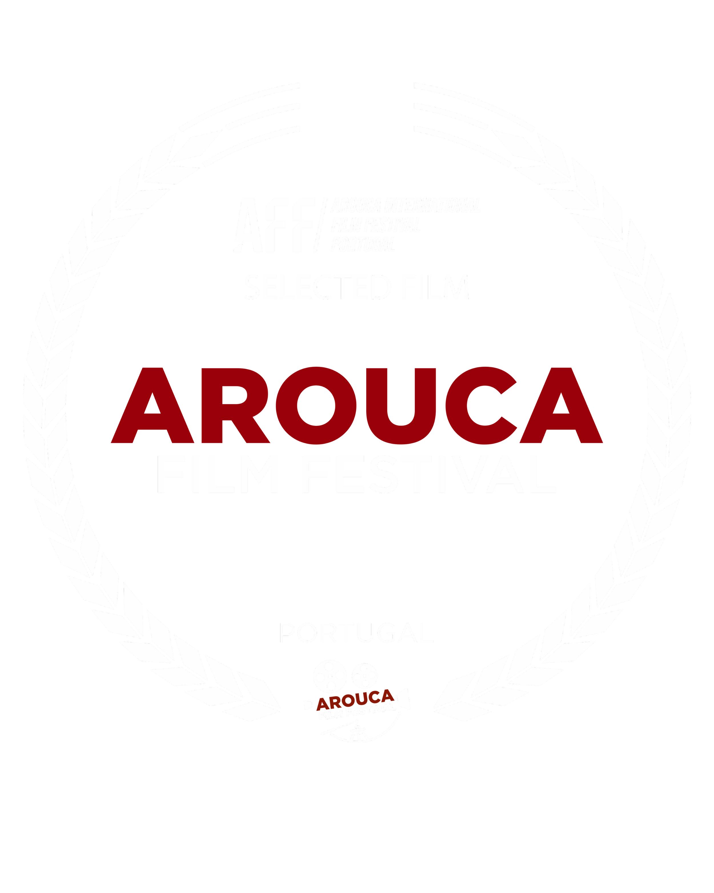 Award logo for the Arouca International Film Festival Portugal with a black background, white laurel wreath, and text in white and red.