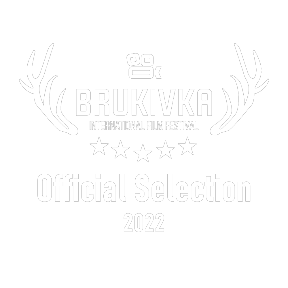Black background with white text and graphics for the Brukivka International Film Festival, indicating official selection in 2022, featuring stylized antlers and stars.
