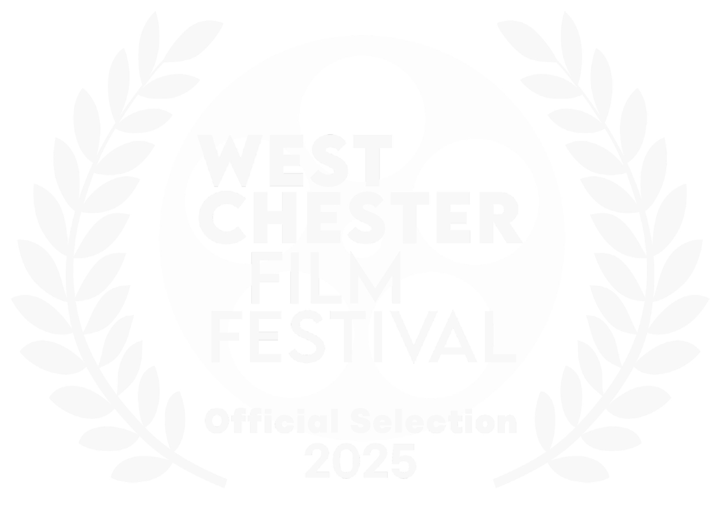 Black and white logo for the West Chester Film Festival 2025, featuring stylized film reel and laurel wreath, with text indicating official selection.