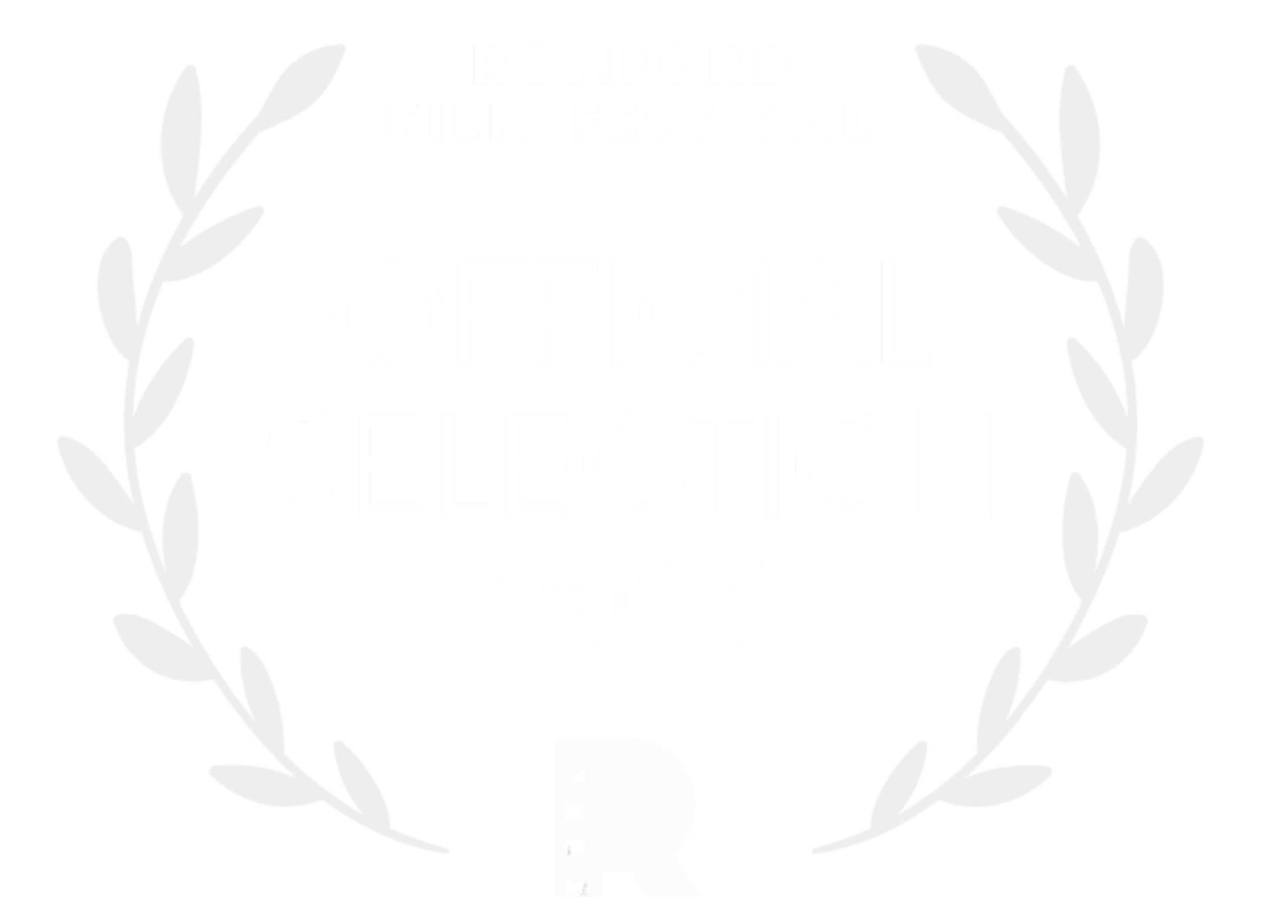 Official selection 2025 emblem for the Romford Film Festival, featuring laurel leaves, bold text, and pink highlighting.