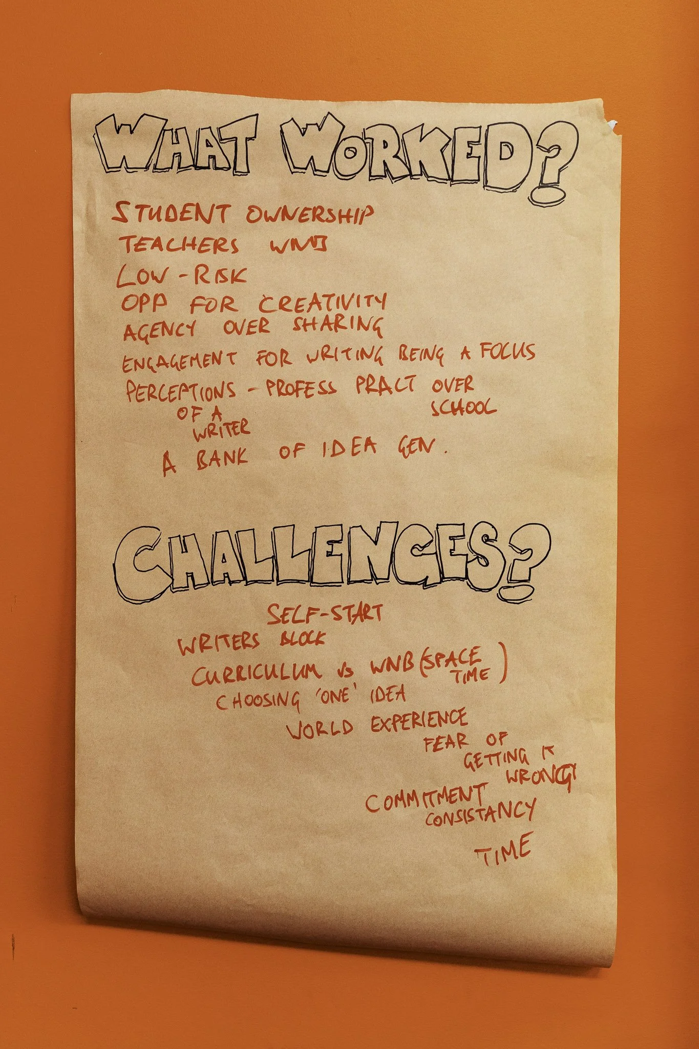 A collaborative list of successes from a Professional Development session that includes creativity, student ownership, agency and engagement.