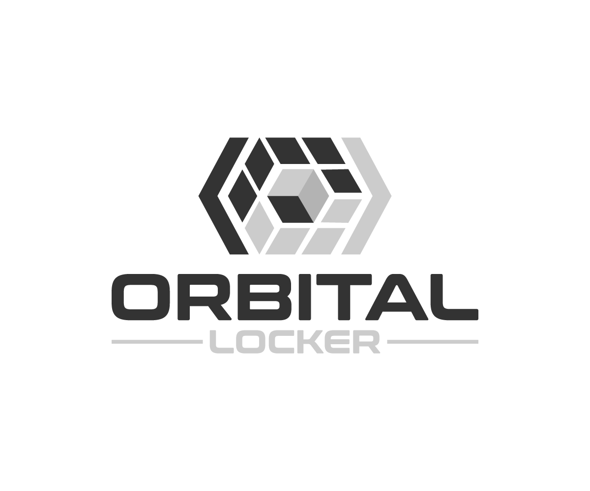 Black logo with a futuristic hexagonal cube and the words 'Orbital Locker' written underneath, with 'Orbital' in bold uppercase and 'Locker' in smaller uppercase letters.