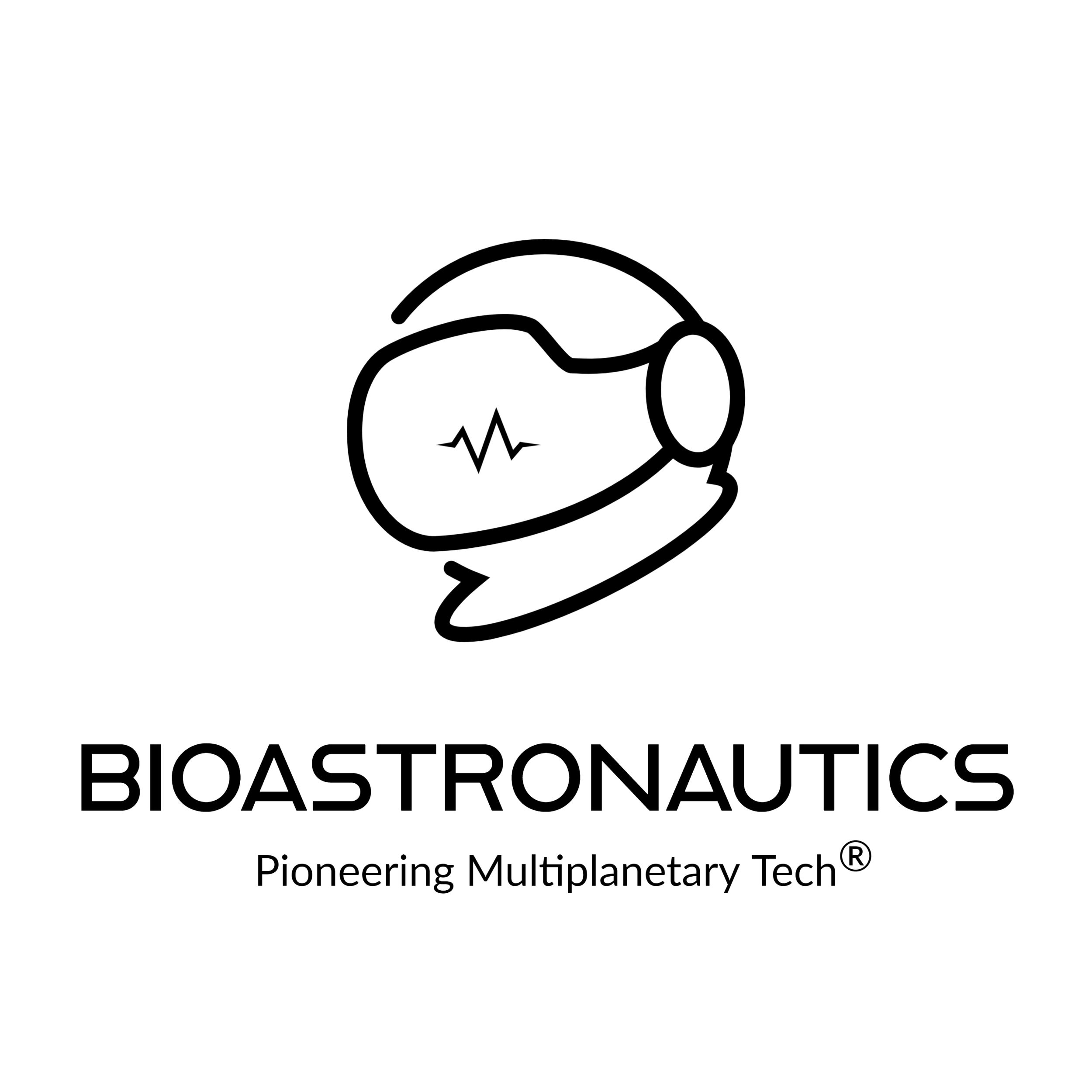 A black and white logo for Bioastronautics, featuring a stylized astronaut helmet with a heartbeat line on the visor, and the tagline "Pioneering Multiplanetary Tech" underneath.