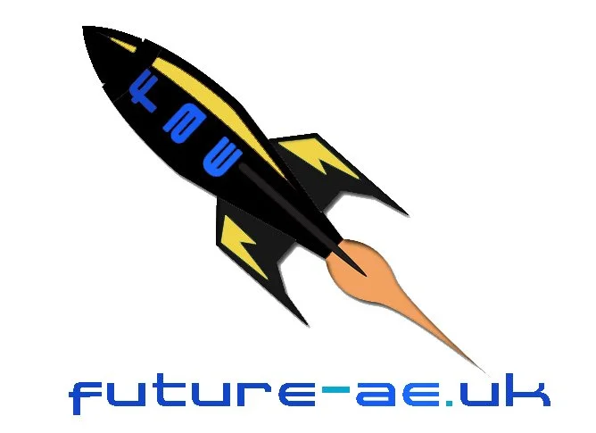 A stylized rocket with a black body, yellow accents, and blue text on it, shooting a flame downward. Below the rocket is the website URL 'future-ae.uk' in blue letters.