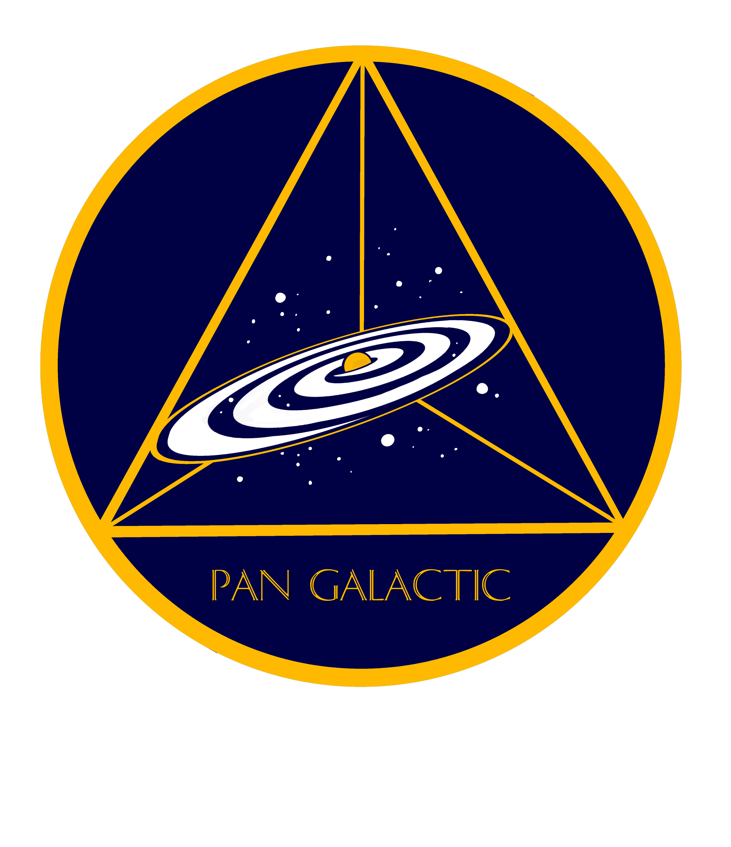 A circular emblem with a gold border, featuring a galaxy with rings and stars. Overlaid is a gold geometric shape and the text 'PAN GALACTIC' at the bottom.