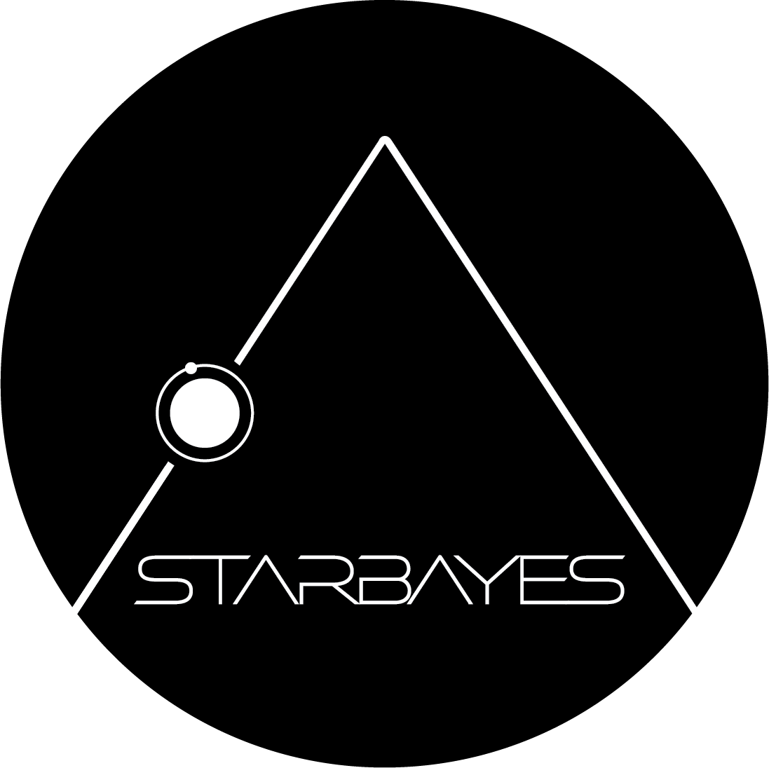 Logo for Starbays featuring a stylized triangle, a white circle with orbiting dots, and the text 'Starbays' in modern font.
