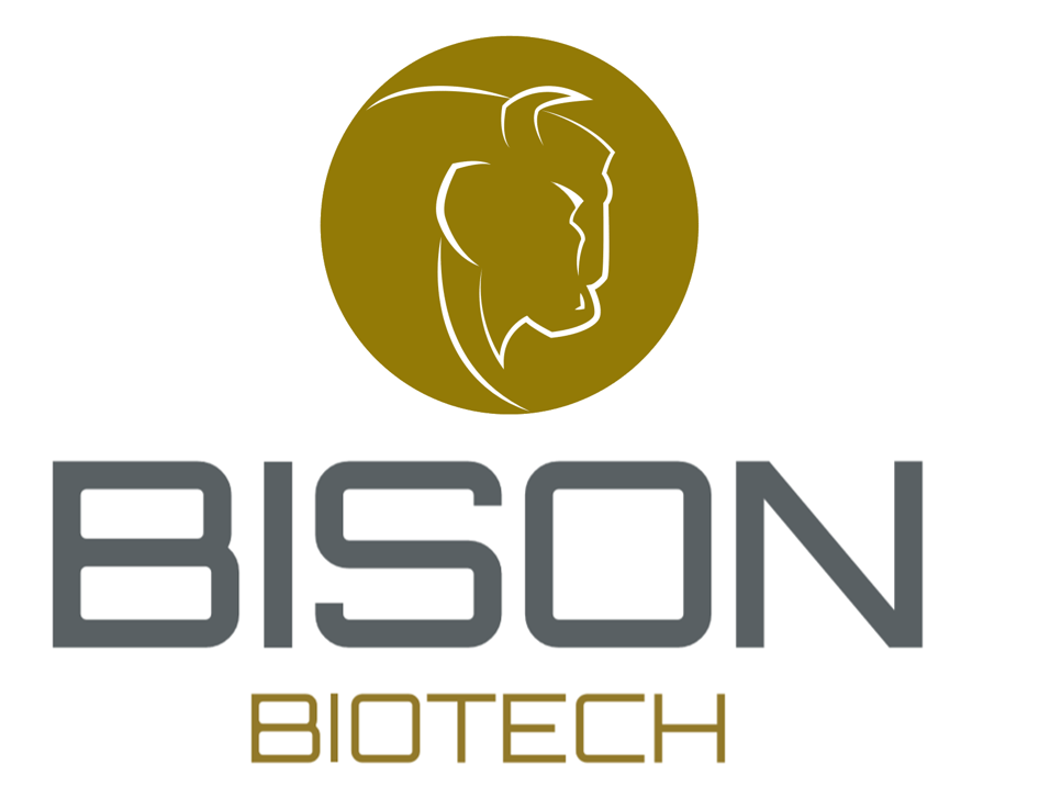 Logo with a stylized lion's head inside a gold circle above the words "BISON BIOTECH" in gray and gold text.