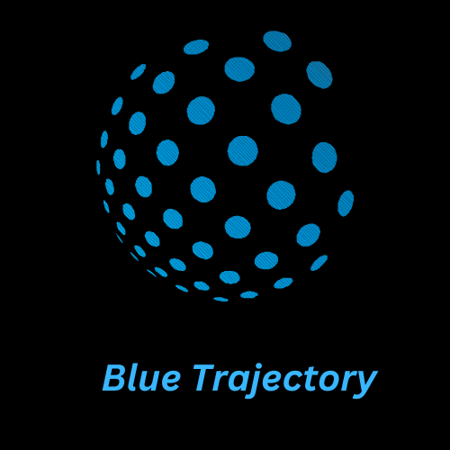 A logo featuring a 3D globe made of blue dots with the text 'Blue Trajectory' below it.