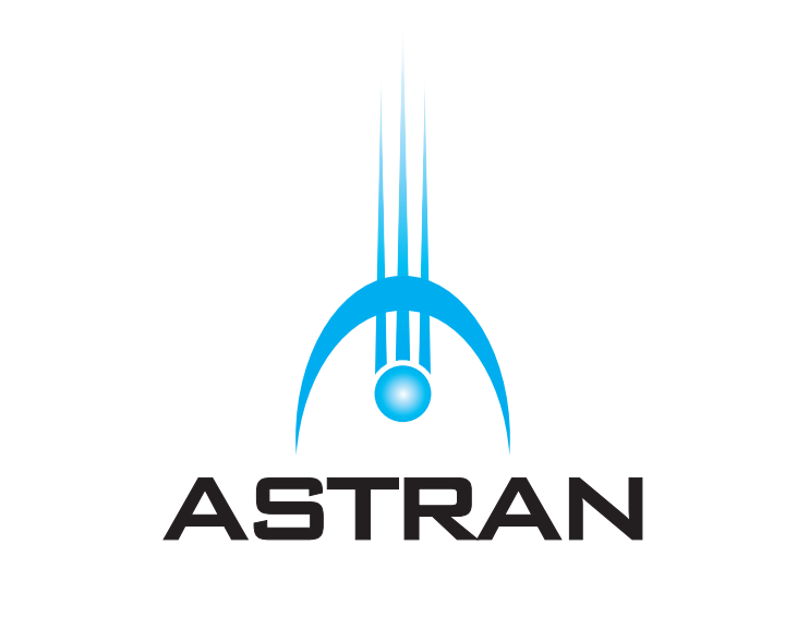 The Astran logo features a stylized blue rocket with a glowing sphere at the base, pointing upward, above the bold, black text 'ASTRAN' on a white background.