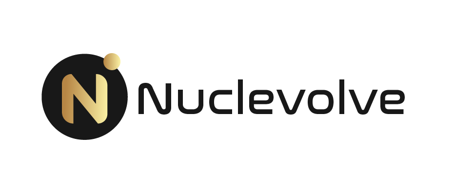 Nuclevolve logo with a black and gold bubble design and the company name in black text