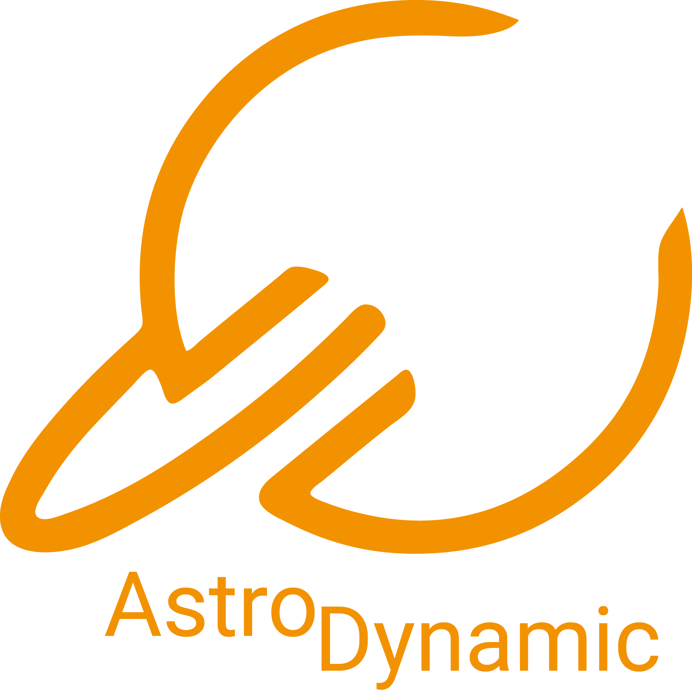 Black background with orange logo of a stylized planet with rings and three lines, with the word "AstroDynamic" below in orange.