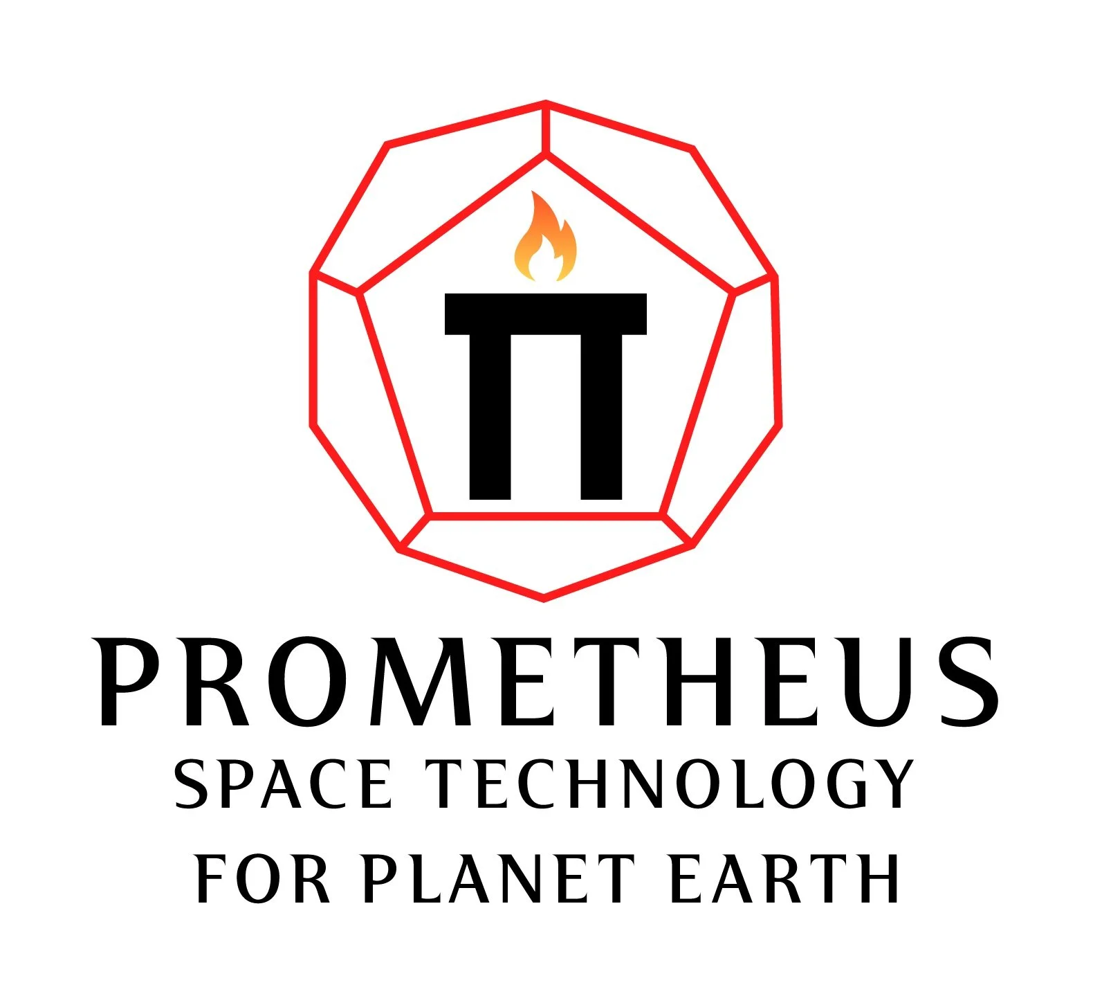 Logo for Prometheus Space Technology for Planet Earth, featuring a red dodecagon outline, a black uppercase 'T' with a small flame on top, and the text 'PROMETHEUS SPACE TECHNOLOGY FOR PLANET EARTH' below.