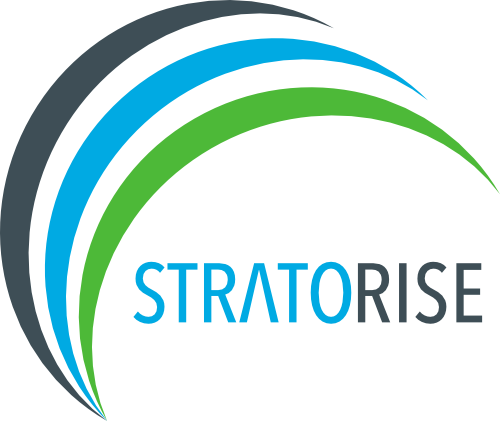 Logo with curved lines in gray, blue, and green above the word 'STRATORISE' in blue and gray text.