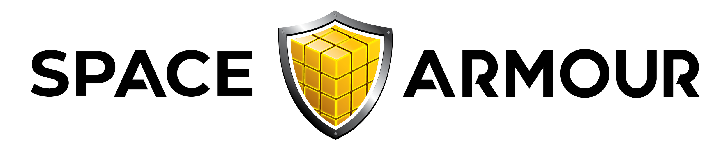 Logo for Space Armor featuring a shield with a yellow cube pattern in the center.