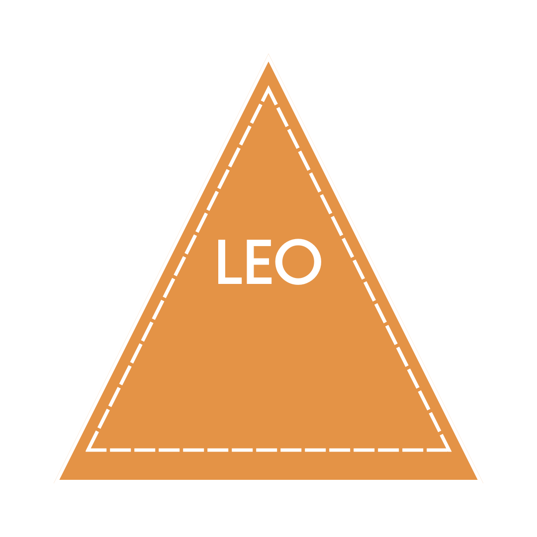 Triangle with the word 'LEO' in the center, filled with orange color, and outlined with white dashed lines.
