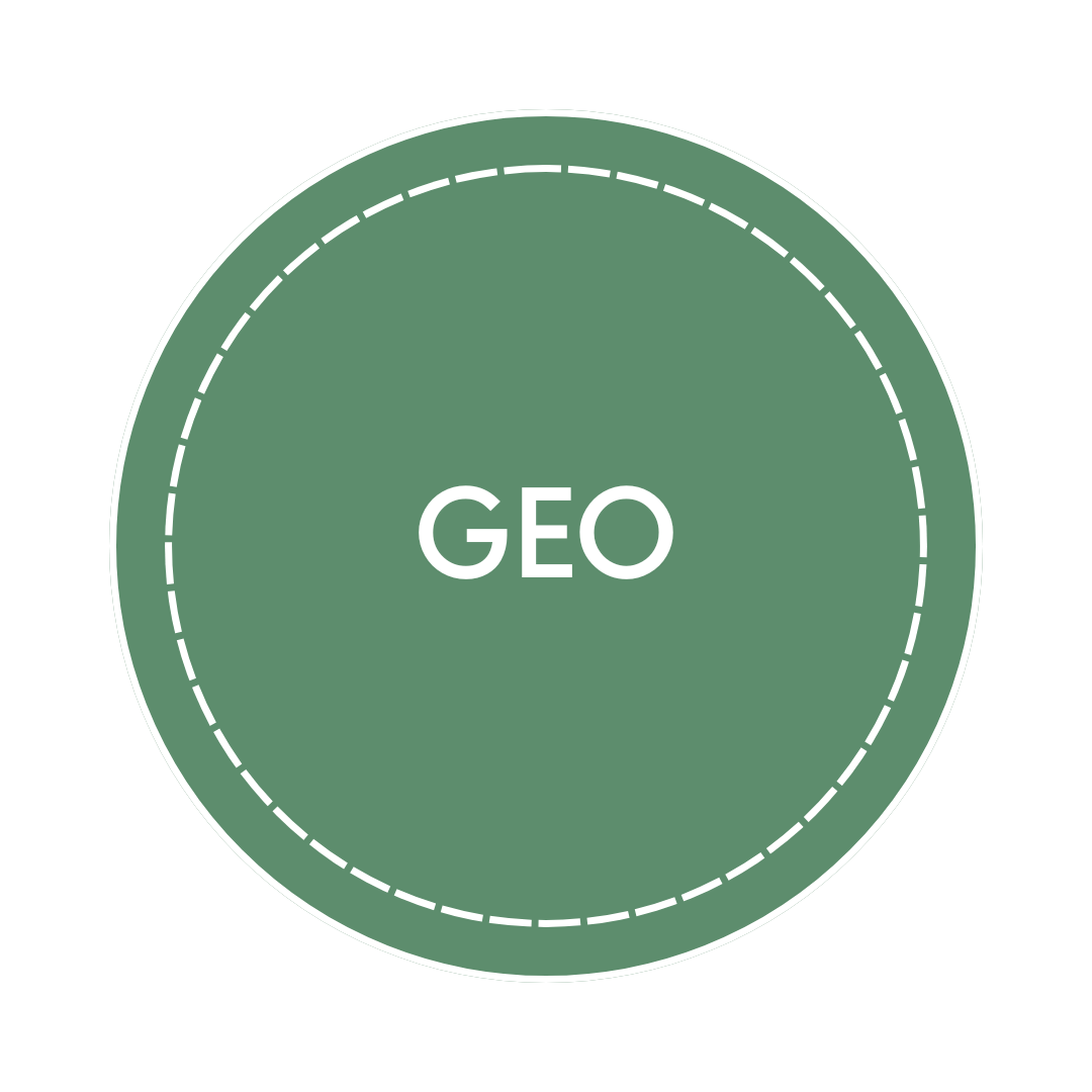 Green circle with the word 'GEO' in the center, surrounded by dashed and solid white circle lines.