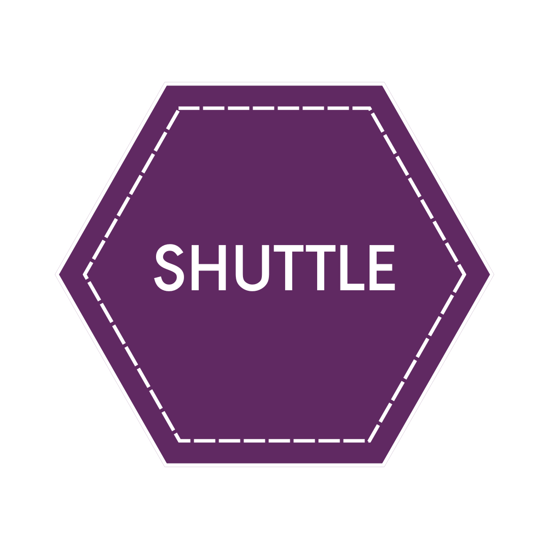 A purple hexagon with the word 'SHUTTLE' in white capital letters, outlined with a white dashed border, on a black background.