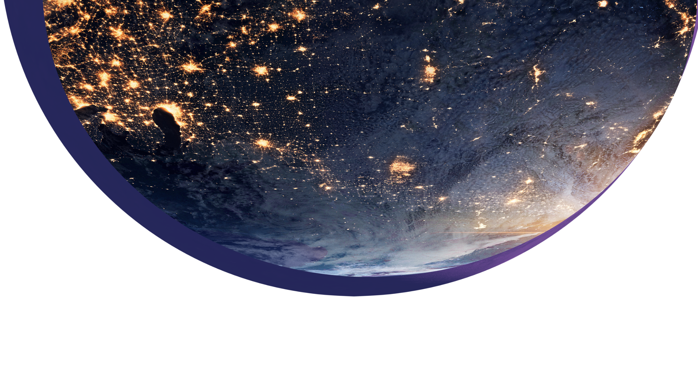 Earth viewed from space at night, showing city lights and cloud patterns.