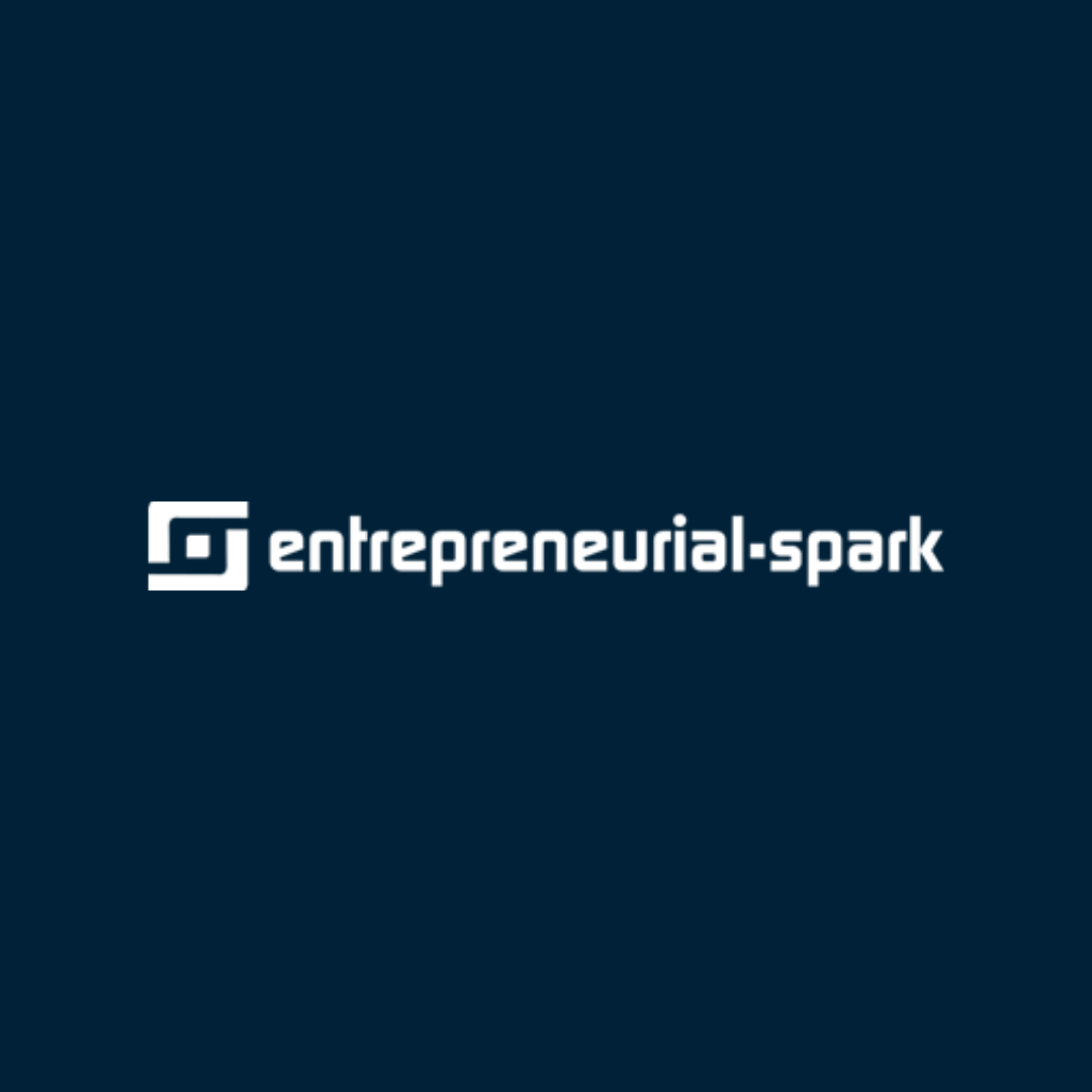 The image shows a dark blue background with the white logo and text 'entrepreneurial-spark' centered in the middle.