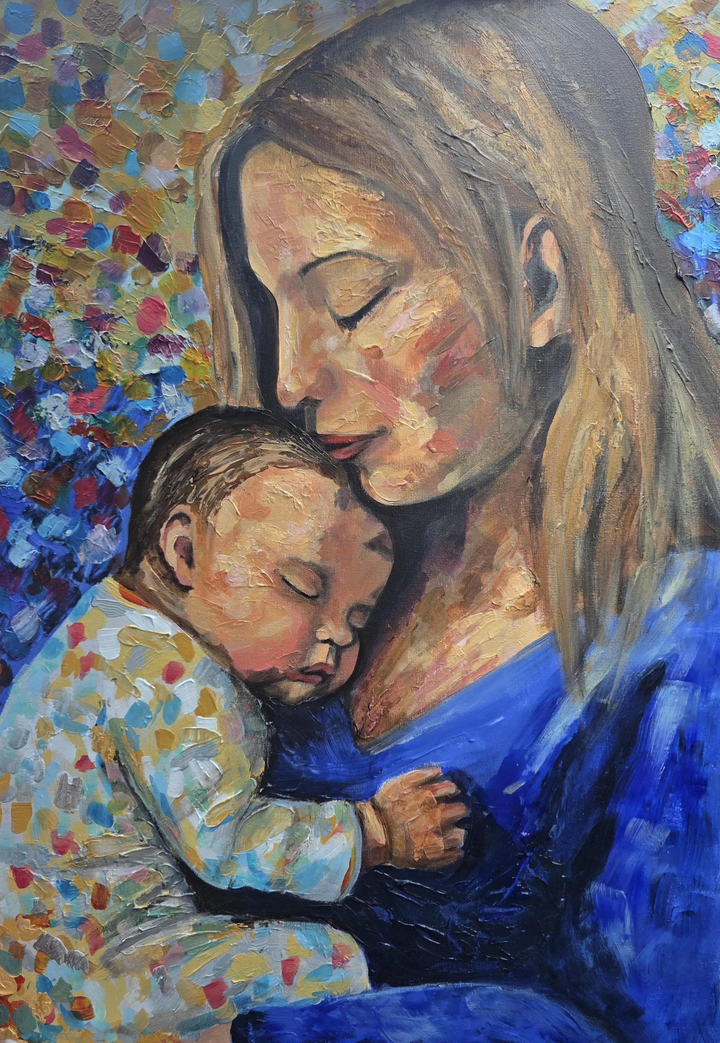 Maternal Bond (2025) – Acrylic and impasto painting on A3 Canvas. 
