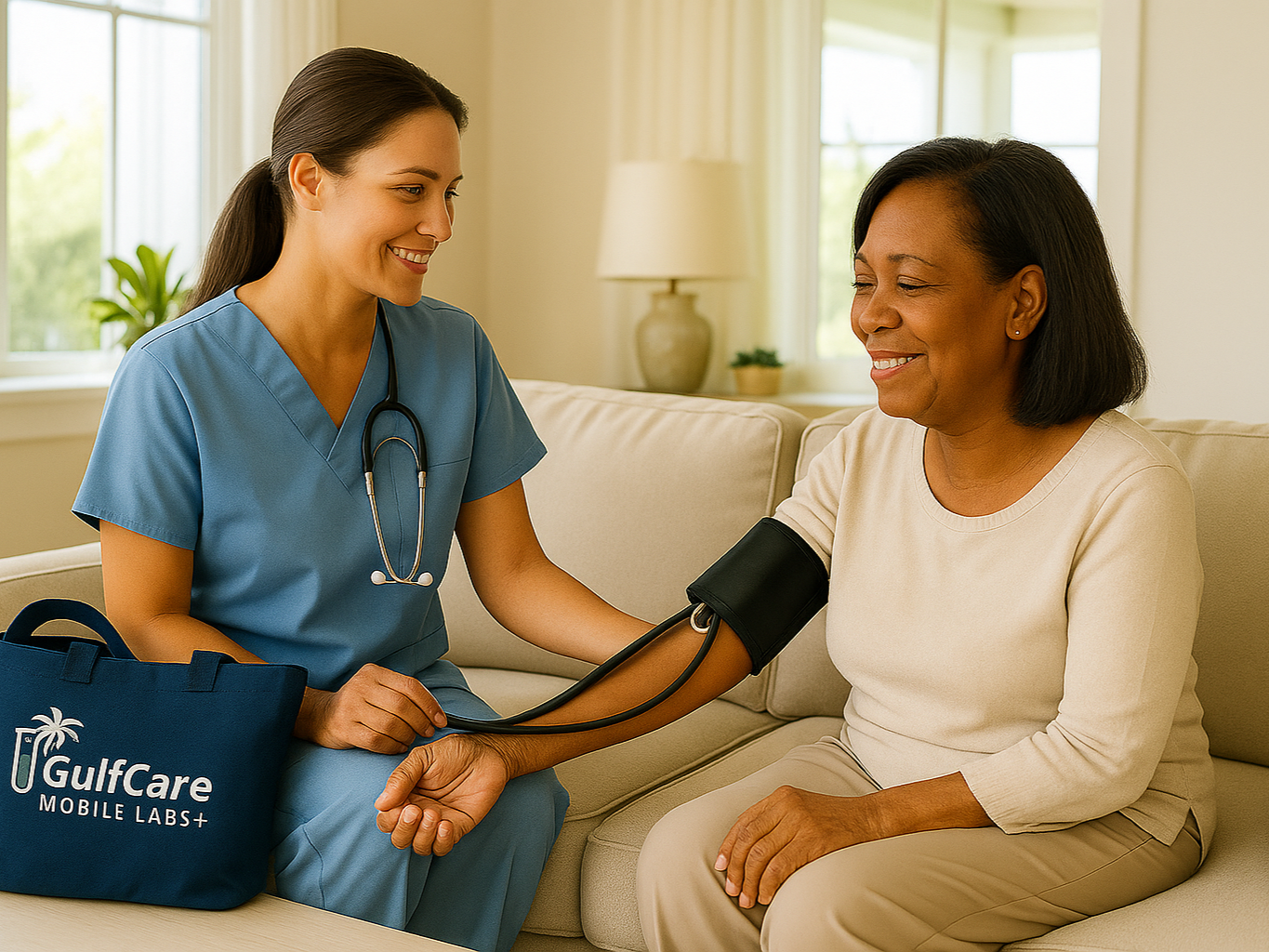 A healthcare professional, wearing blue scrubs and a stethoscope, measuring an elderly woman's blood pressure with a cuff on her arm. They are sitting on a beige sofa in a well-lit room with large windows and green plants in the background.
