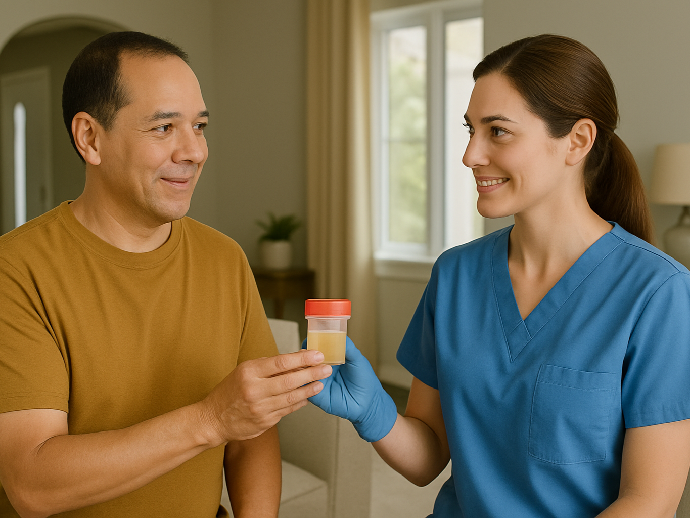 Person in blue gloves holding a specimen container filled with a yellow liquid, forming a heart shape.