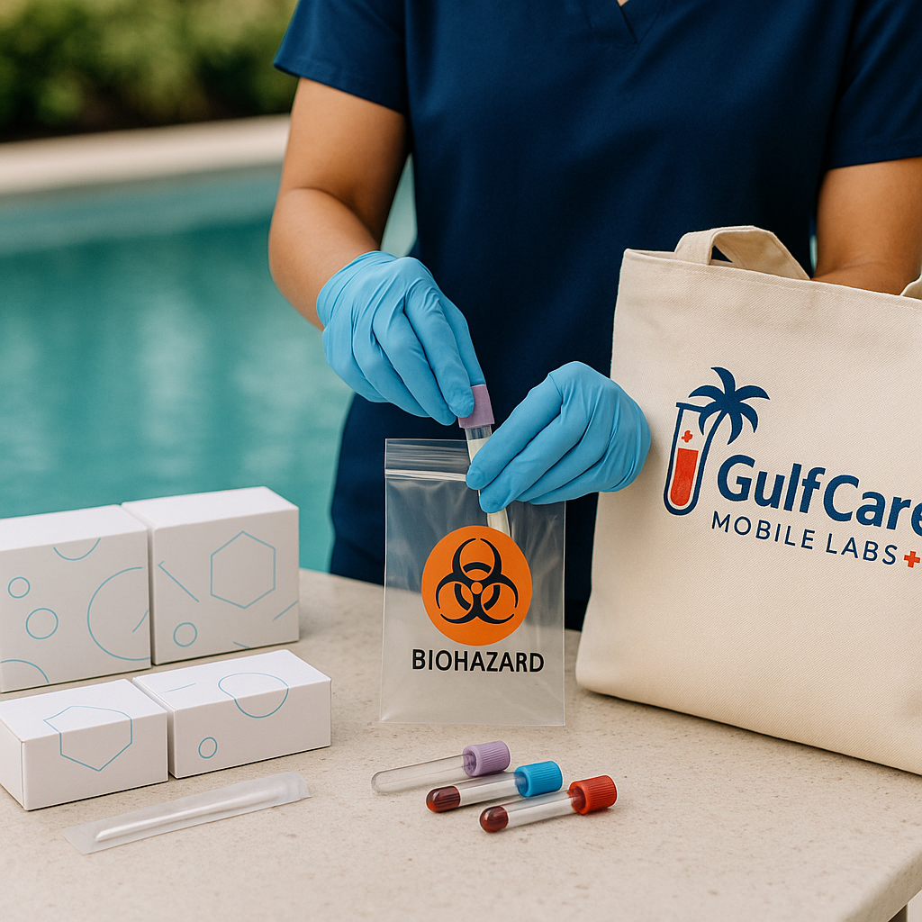 A person wearing blue gloves handling a biohazard specimen in a clear bag on a beige table. There are boxes and test tubes with colored caps nearby, and a GulfCare Mobile Labs bag to the right.