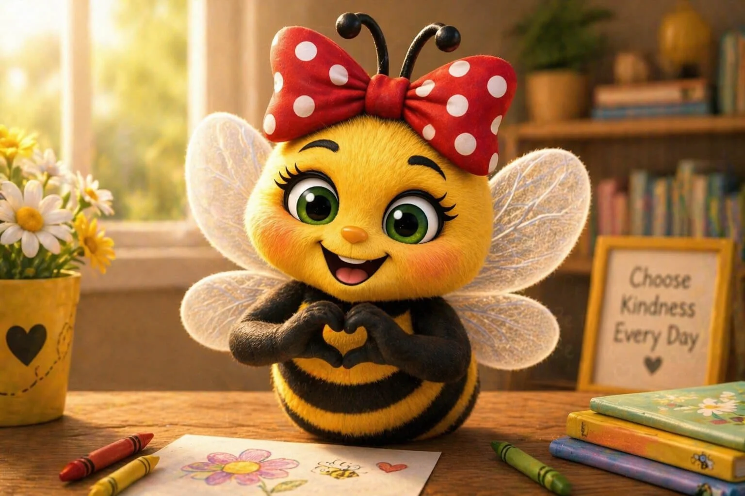 A cute animated bee character with big green eyes, smiling and making a heart shape with its hands, sitting at a wooden table with crayons, flower drawings, and a potted flower, in a room with books and a framed sign that says 'Choose Kindness Every Day'.