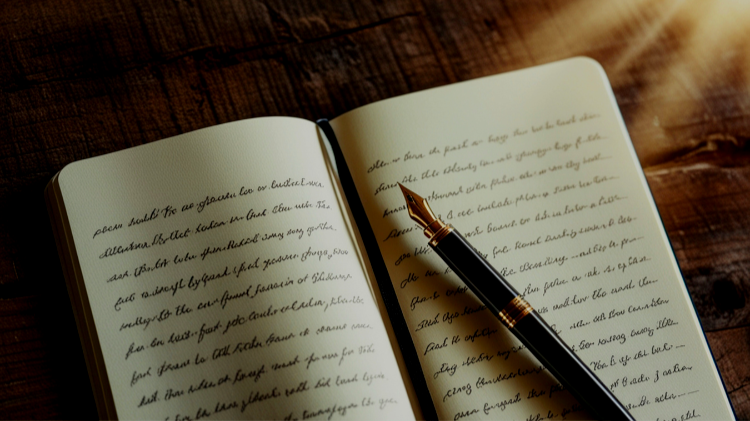 Open notebook with handwritten notes and a black pen resting on it, on a wooden surface.