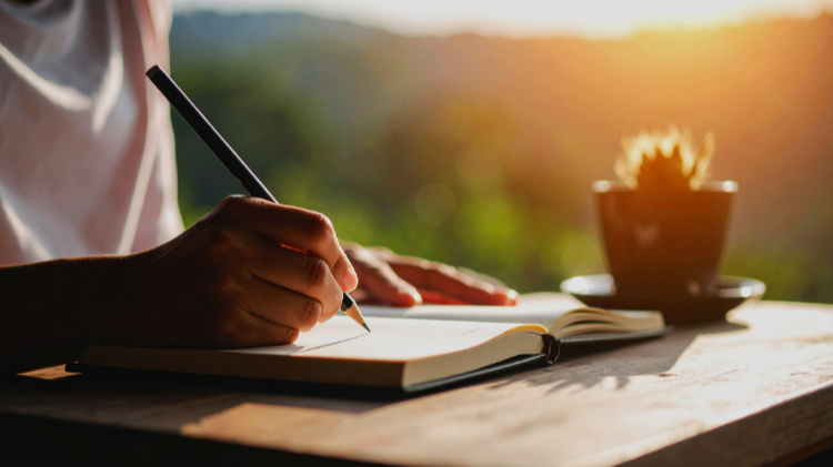 Person writing in a notebook with a pen on a wooden table, sunlit outdoor scene with a potted plant in the background.