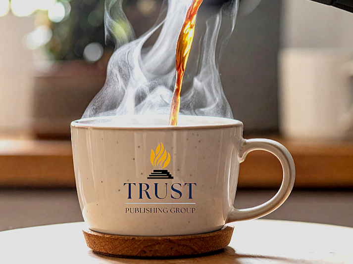 A steaming cup of coffee with a logo of a flame and book on it, placed on a wooden coaster on a table, with coffee being poured into it.