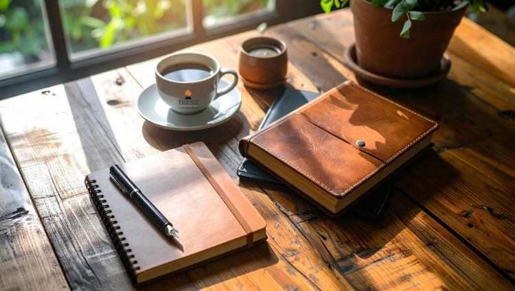 A wooden table with a cup of coffee, a small container, a potted plant, a closed black notebook, and a leather planner, with sunlight streaming through a window.