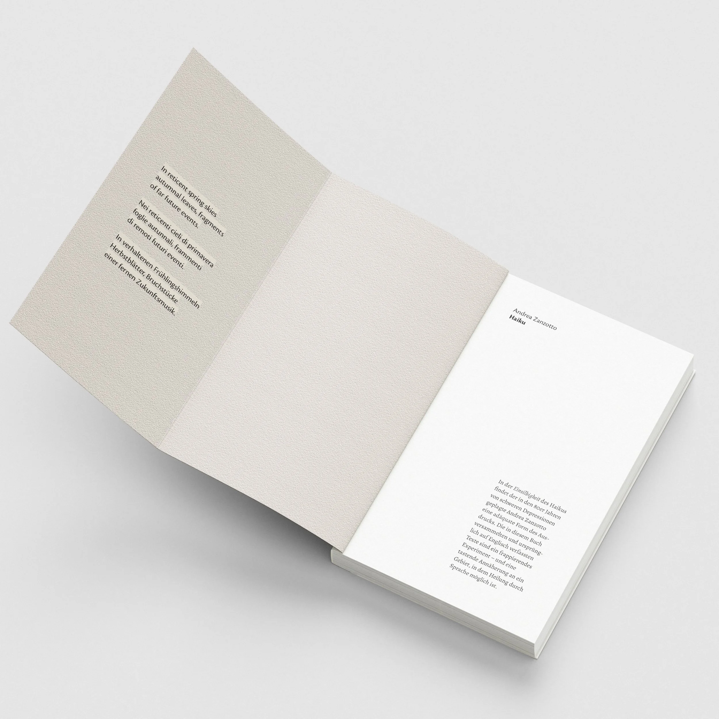 Innenlayout des Buches Haiku von Andrea Zanzotto, gestaltet von Klara Bleier