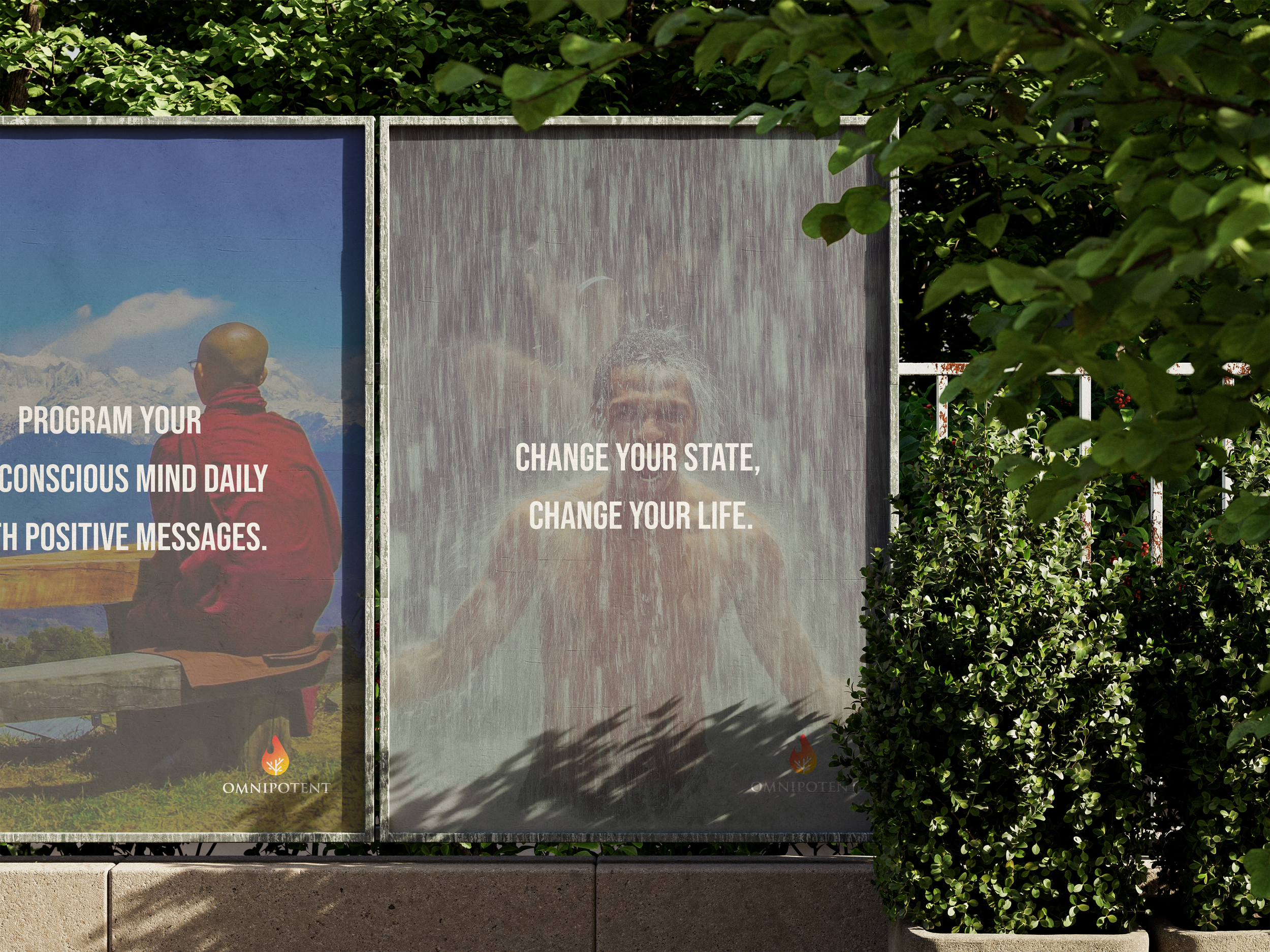 Twee buitenposters met motiverende boodschappen; de linker poster toont een persoon die buiten zit met bergen op de achtergrond, en de rechter poster toont een persoon onder een waterval met groen eromheen.