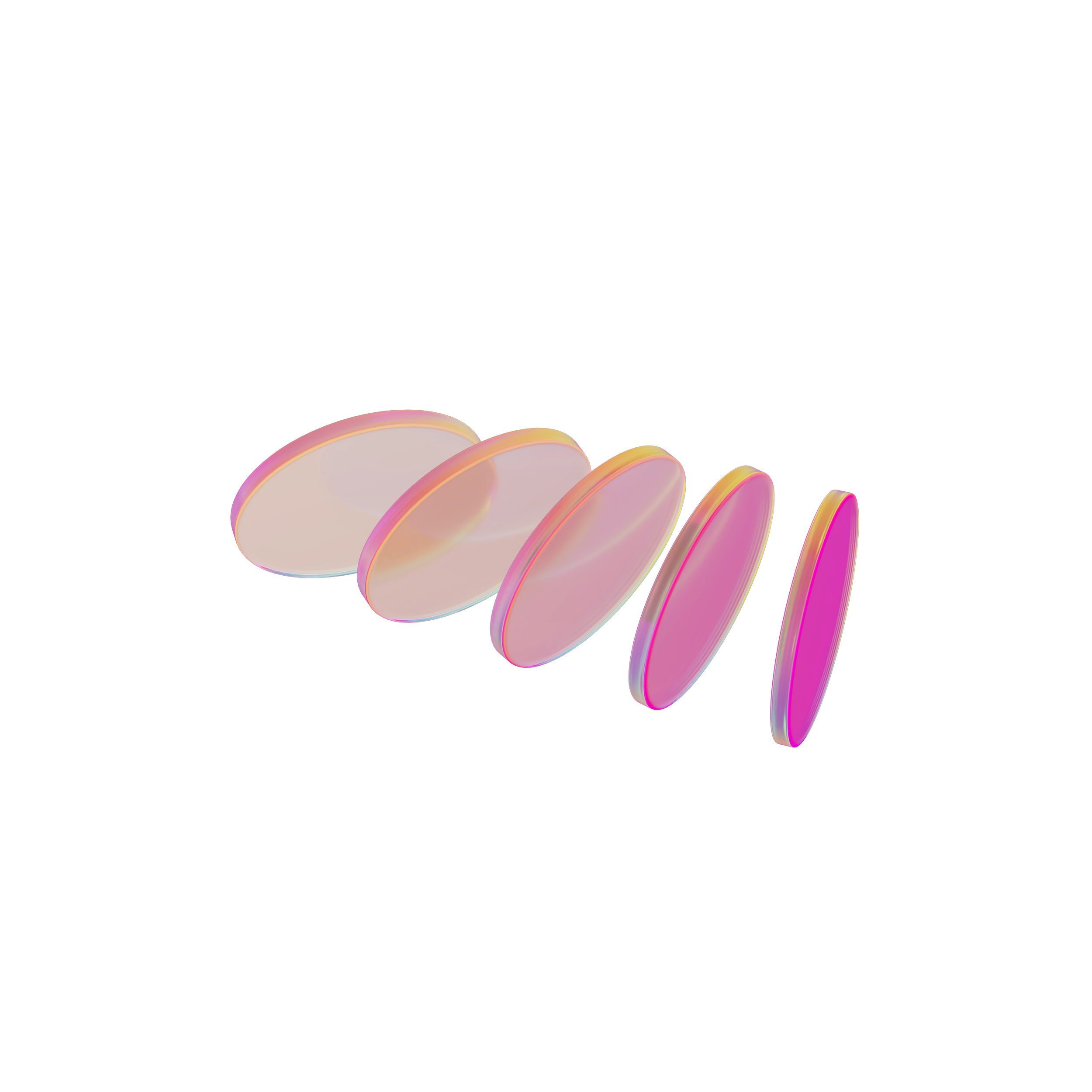 Digitale illustratie van een reeks van zes kleurrijke, halfdoorzichtige, ovaalvormige lenzen of filters, diagonaal gerangschikt tegen een witte achtergrond.