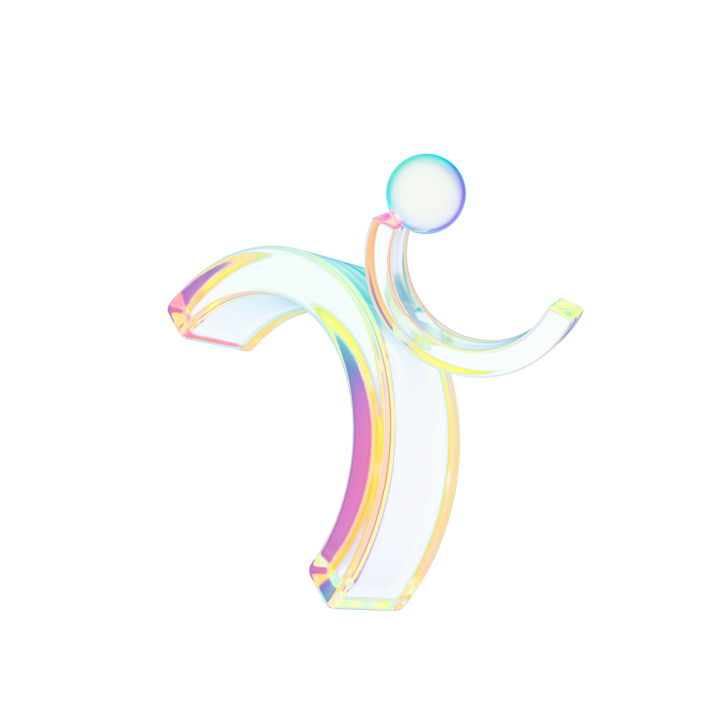 twee glanzende, iriserend C vormige vormen met een bolvormige bovenkant op een witte achtergrond.