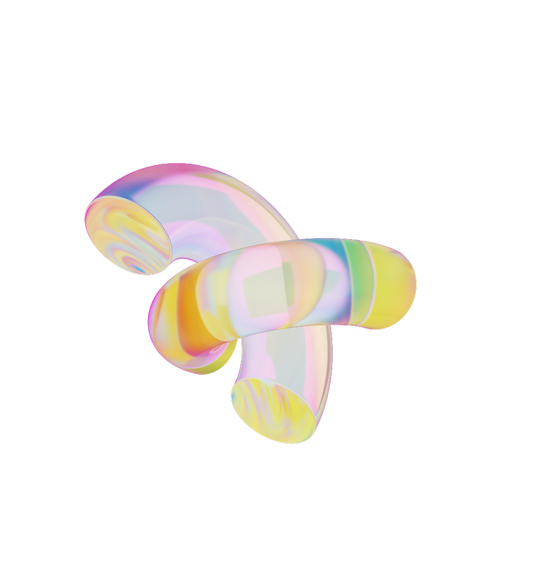 Kleurrijke, abstracte, metaalachtige sculptuur met vloeiende, buisvormige vormen tegen een witte achtergrond.