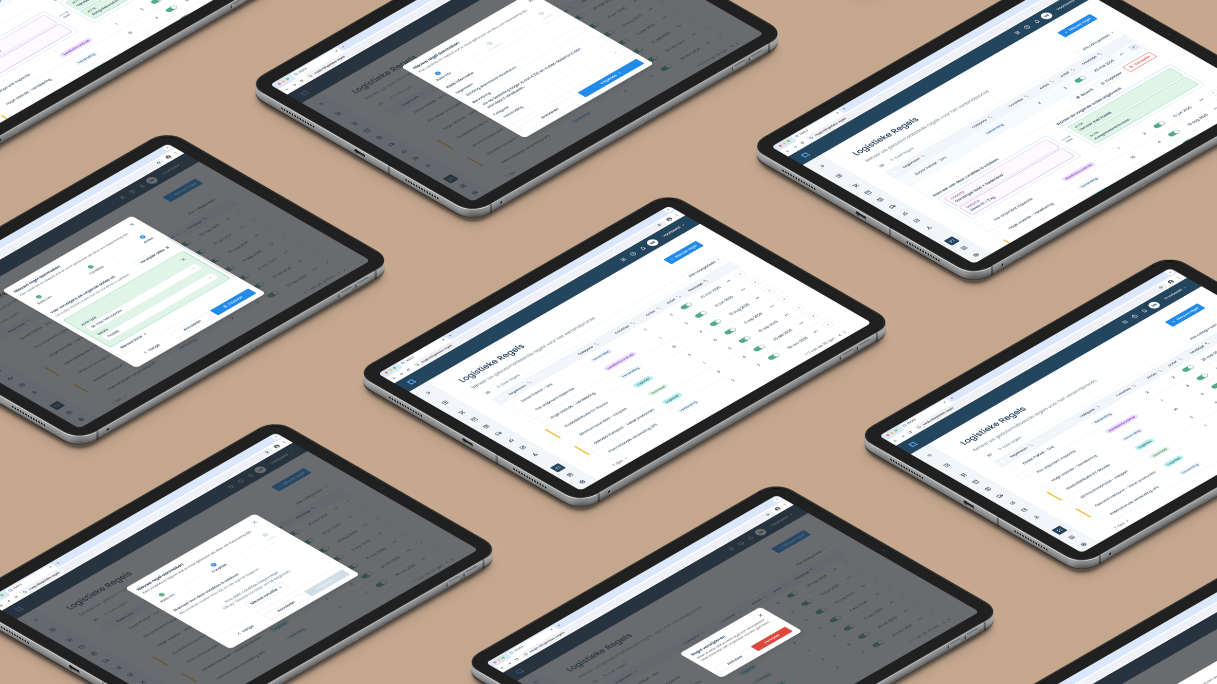 Meerdere tablets waarop logistieke regelbeheersoftware wordt weergegeven met verschillende interfaces en bevestigingspop-ups.