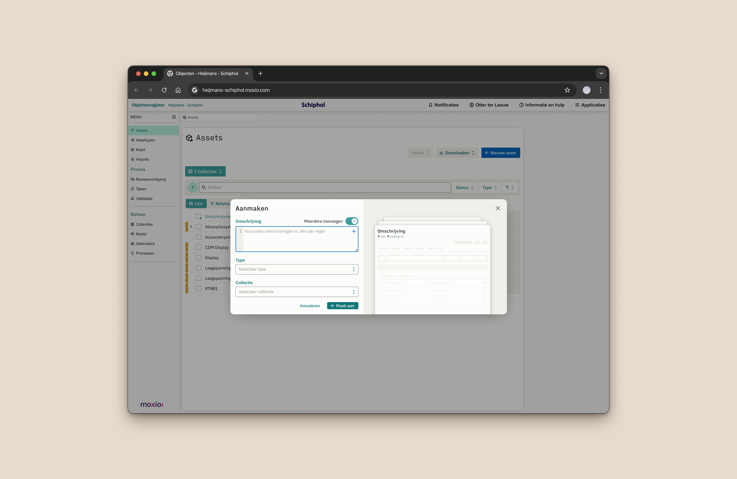 Screenshot van een computerscherm met een online asset management-interface in het Nederlands, met een modaal venster geopend voor het aanmaken van een nieuwe asset, met formuliervelden voor beschrijving, type en collectie.