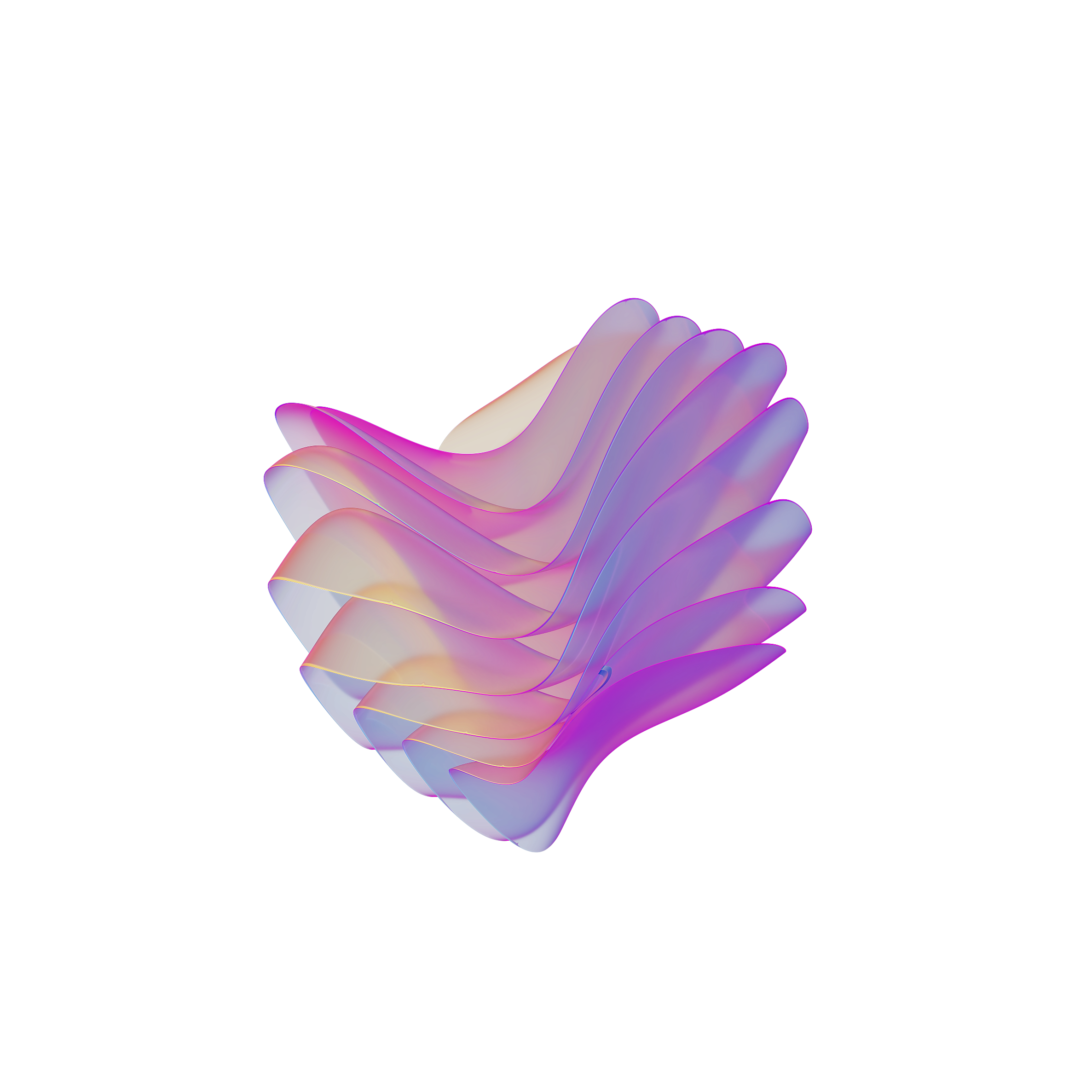 Abstracte, meerkleurige, golvende lintsculptuur met paarse, roze en gele tinten tegen een witte achtergrond.